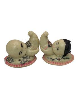 Vintage Ceramic Resin Baby Figurines Pair Boy Girl Chinese Infant Statues 2”